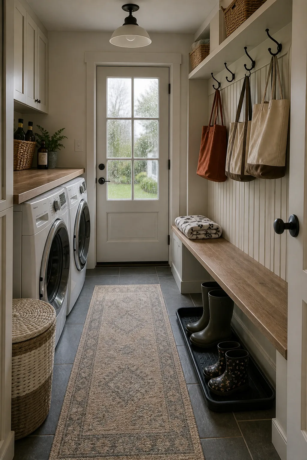 Small mudroom laundry room with hooks bench and washer dryer