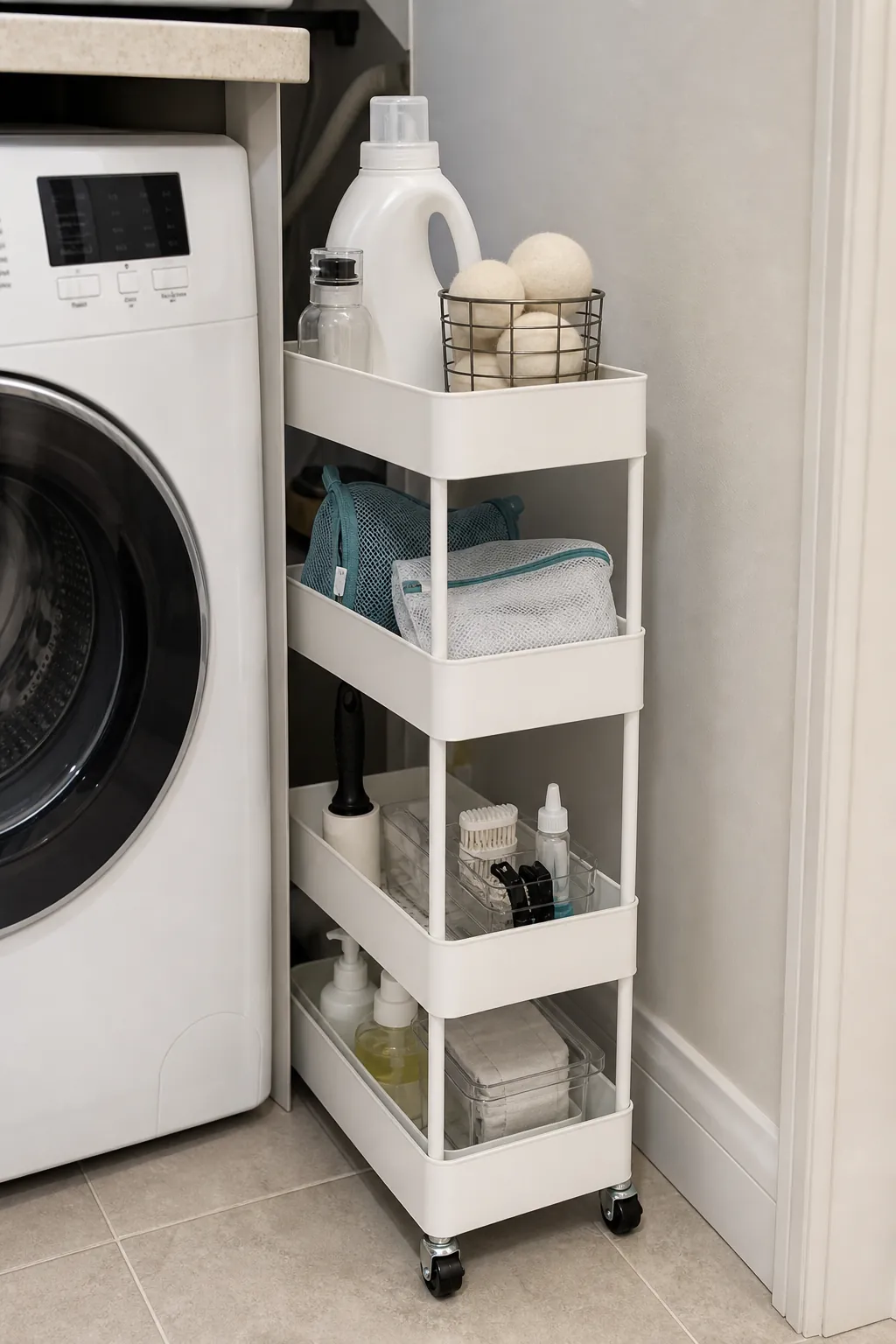 Narrow rolling cart storing laundry supplies beside a washer
