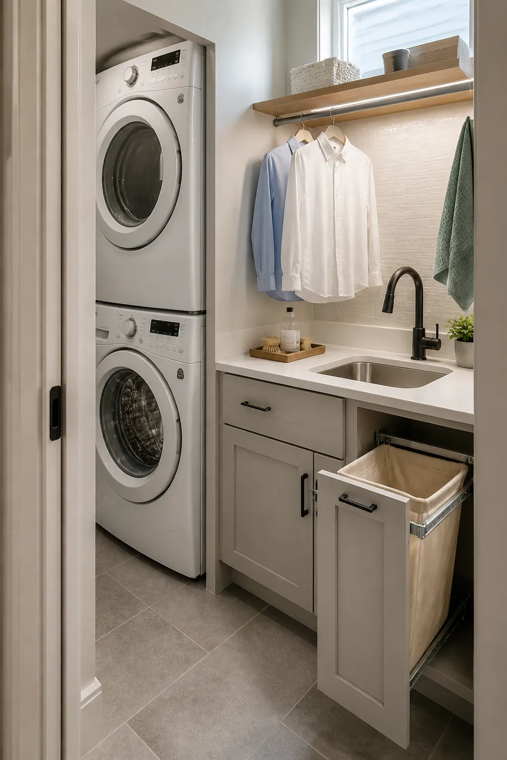Stacked washer dryer in a narrow laundry room with a pocket door