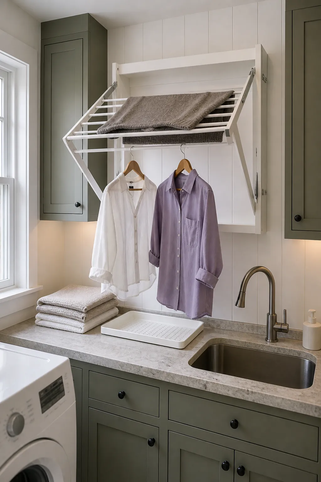 Wall mounted drying rack above a small laundry counter