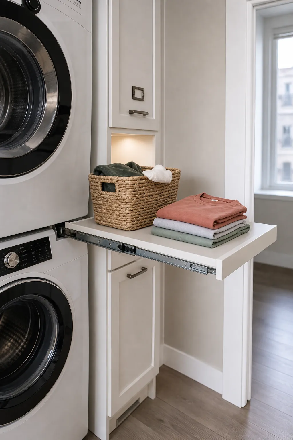 Pull out shelf between laundry machines for a basket landing spot