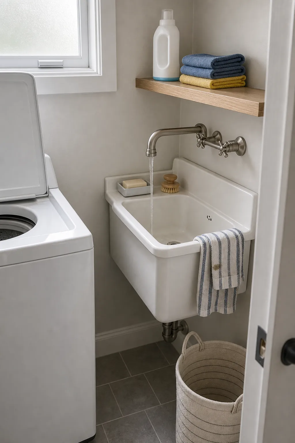 Small laundry room corner utility sink for hand washing and stains