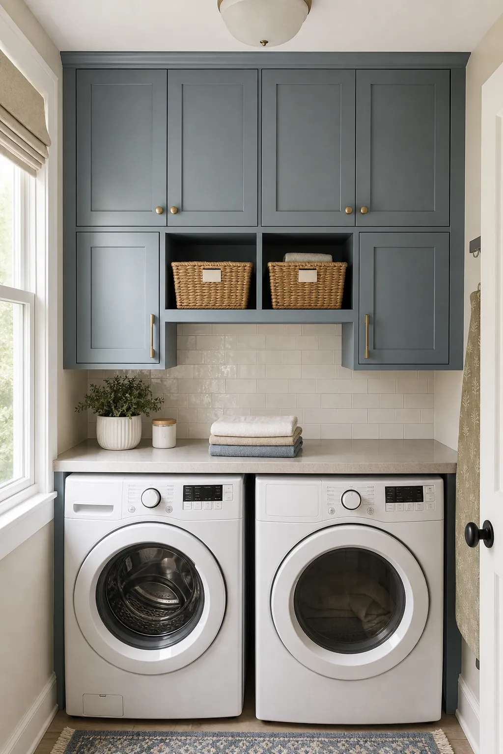 Laundry room cabinets with a few open baskets for daily supplies
