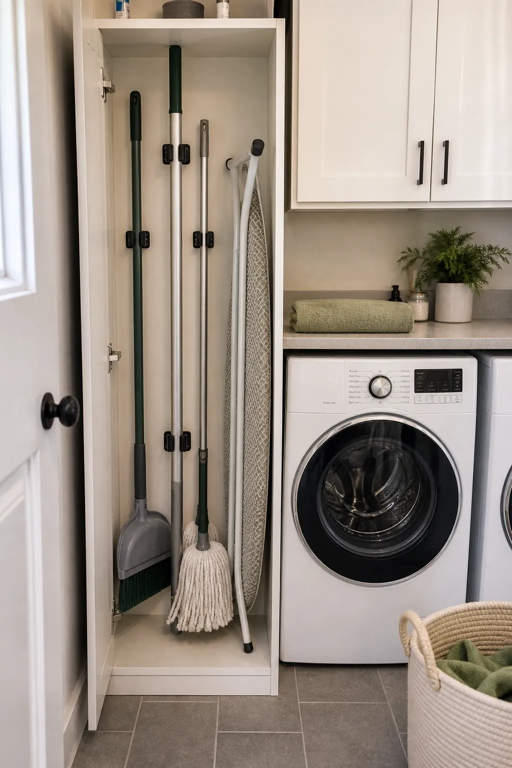 Vertical broom and mop storage in a small utility room