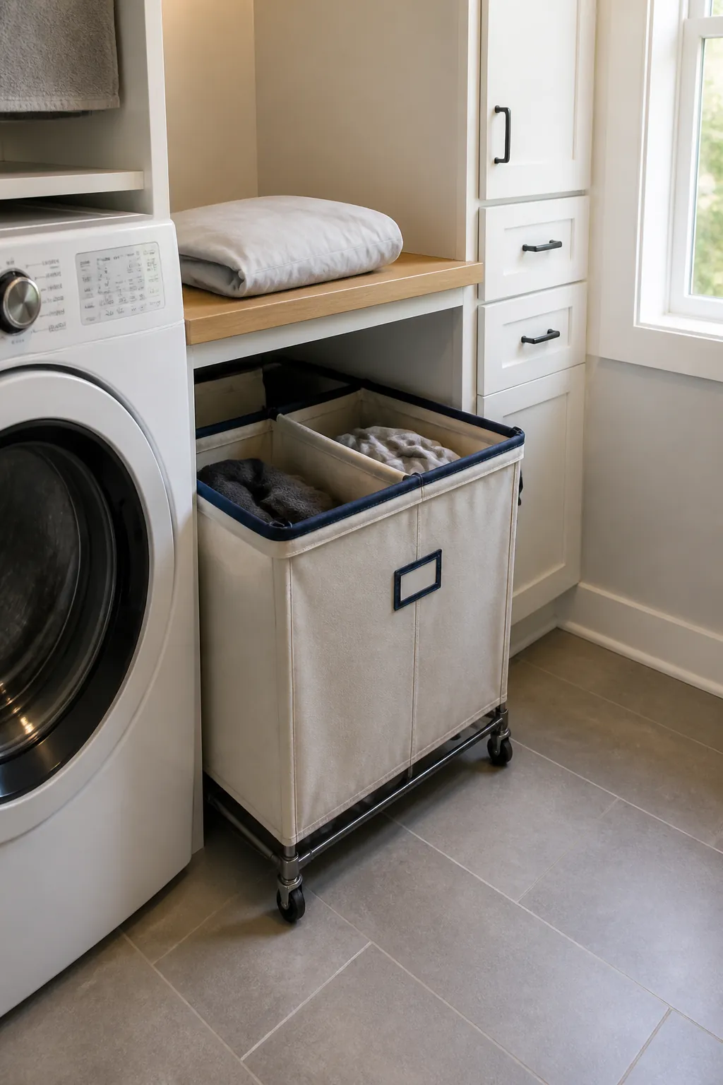 Under counter hamper zone in a small laundry room