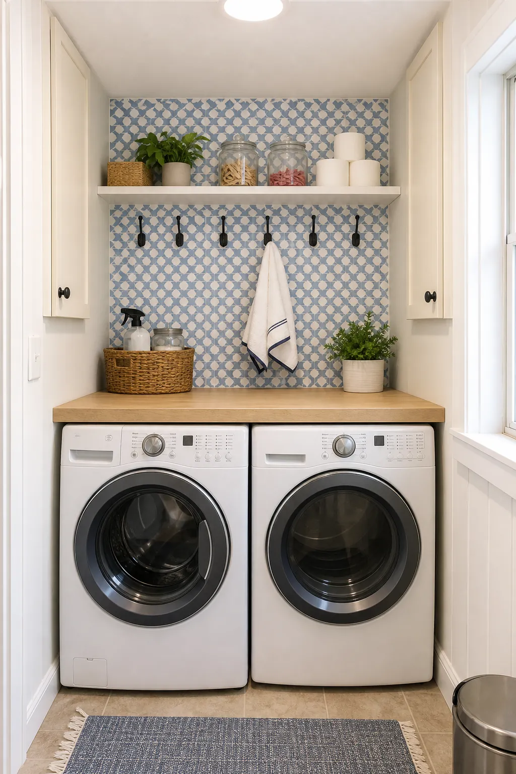 Budget small laundry room makeover with peel and stick tile backsplash