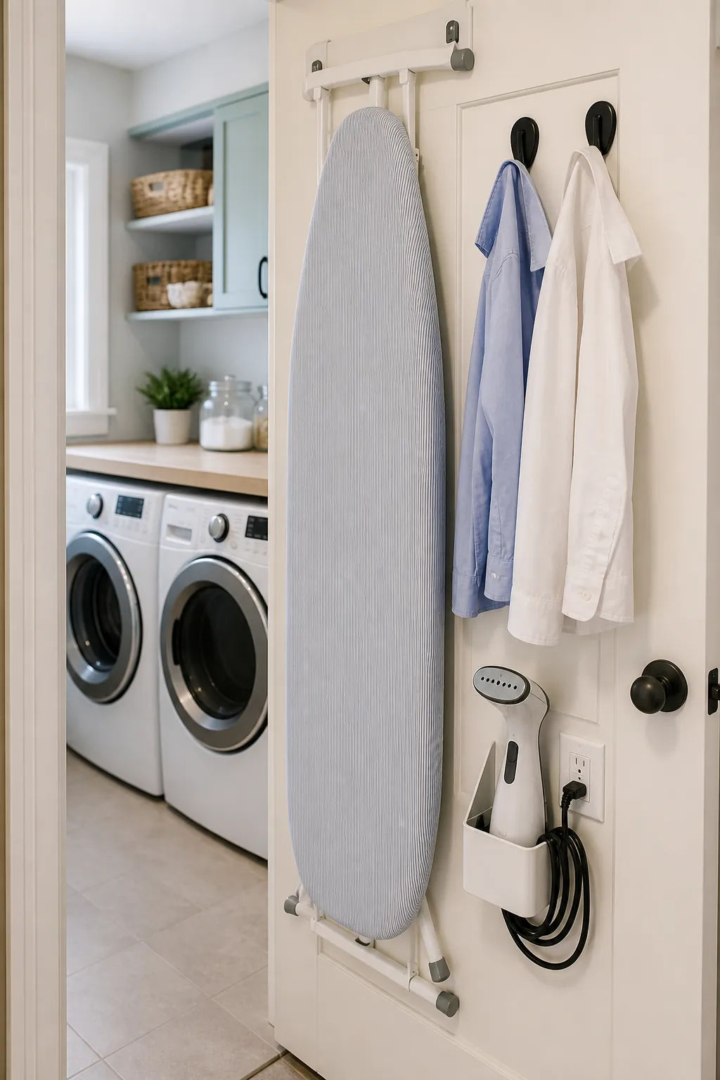 Over door ironing board storage in a narrow laundry room
