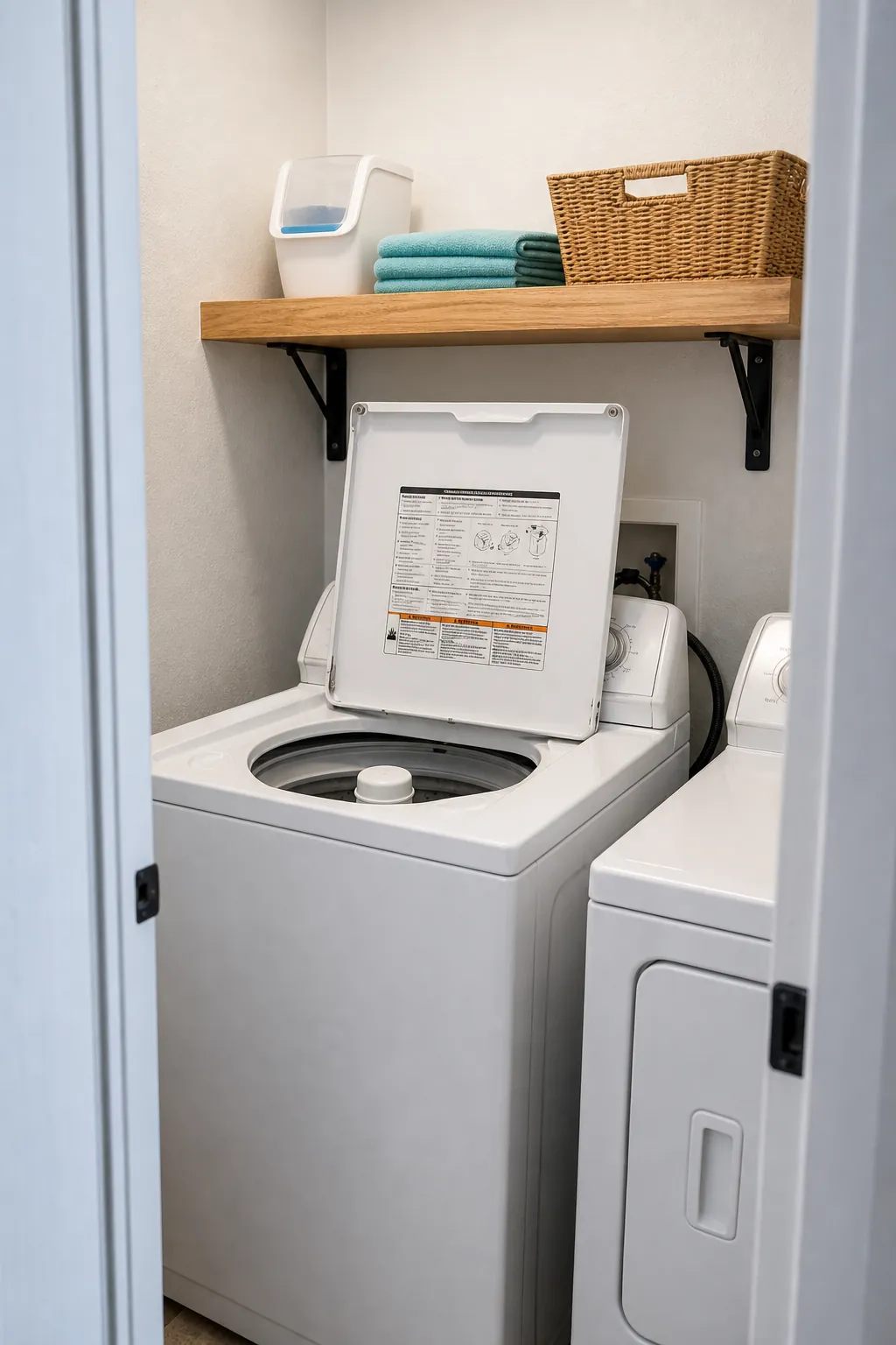 Shelf above top loader washer with enough room for the lid to open