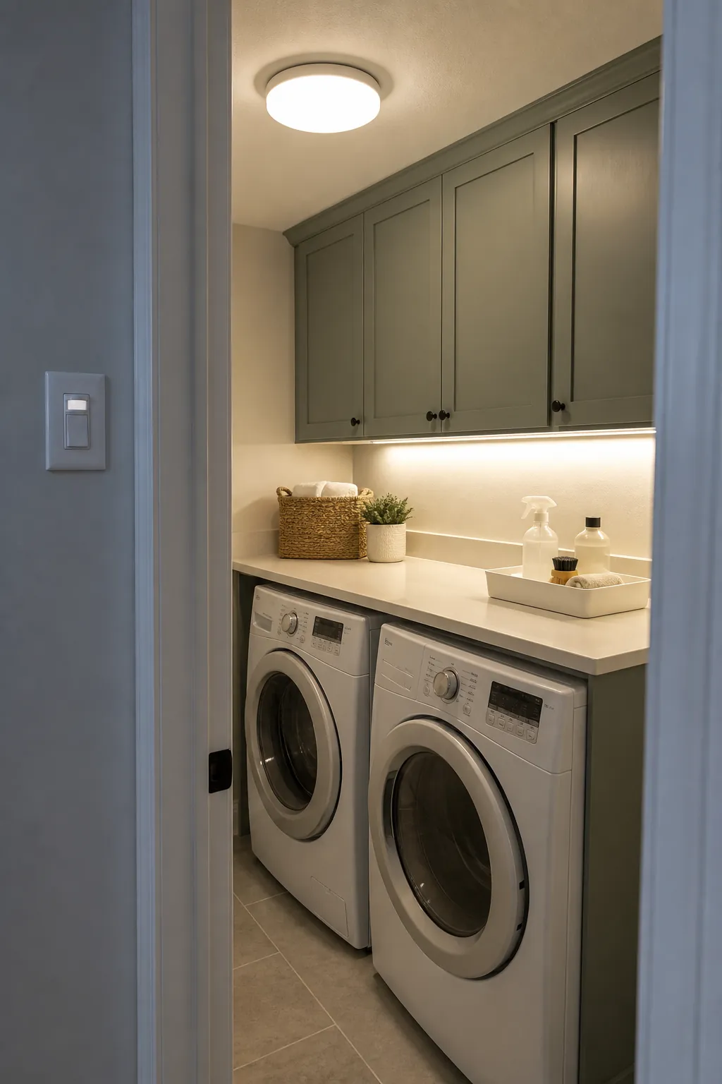 Small laundry room with ceiling light and under cabinet task lighting
