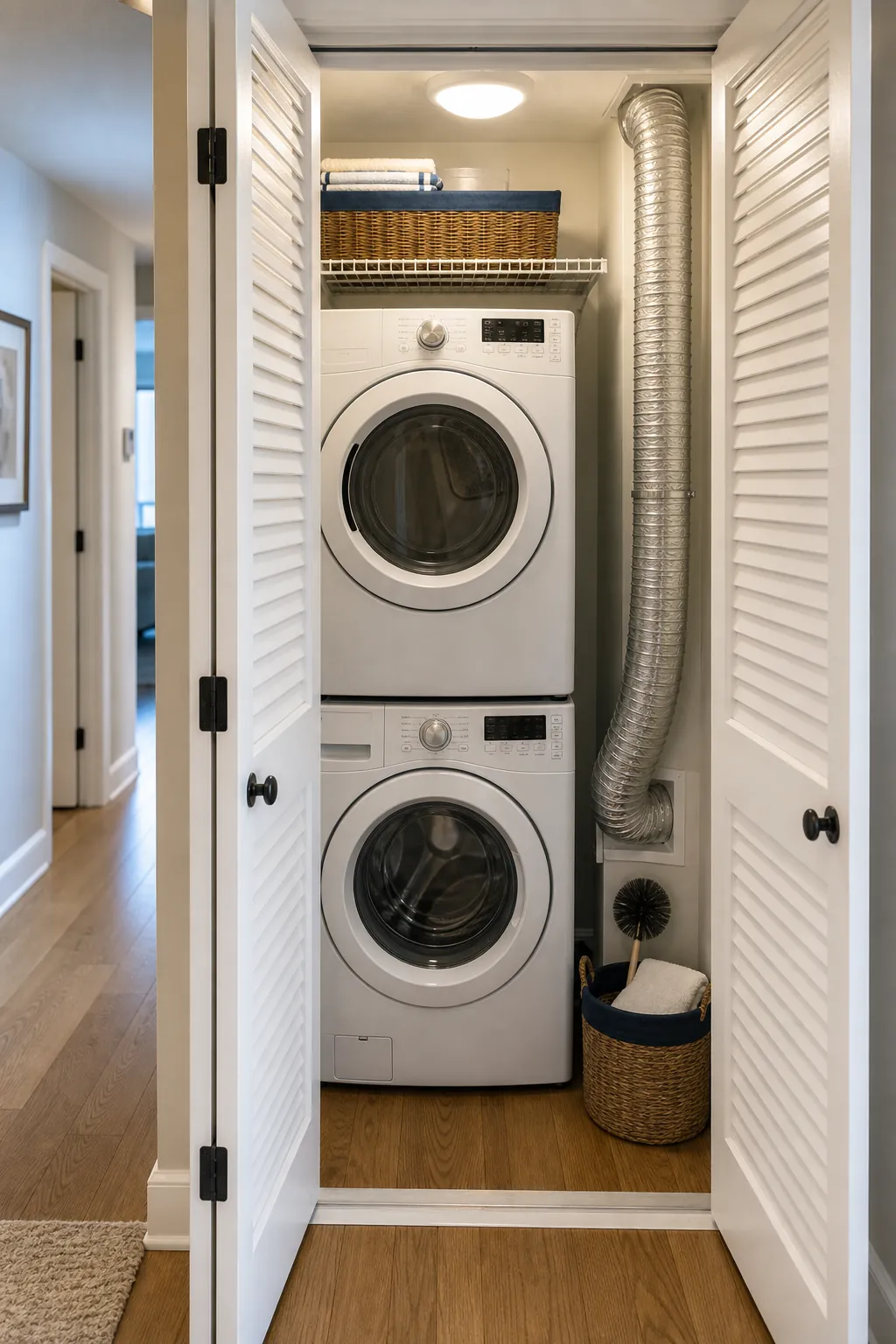Laundry closet with louvered doors and ventilation clearance