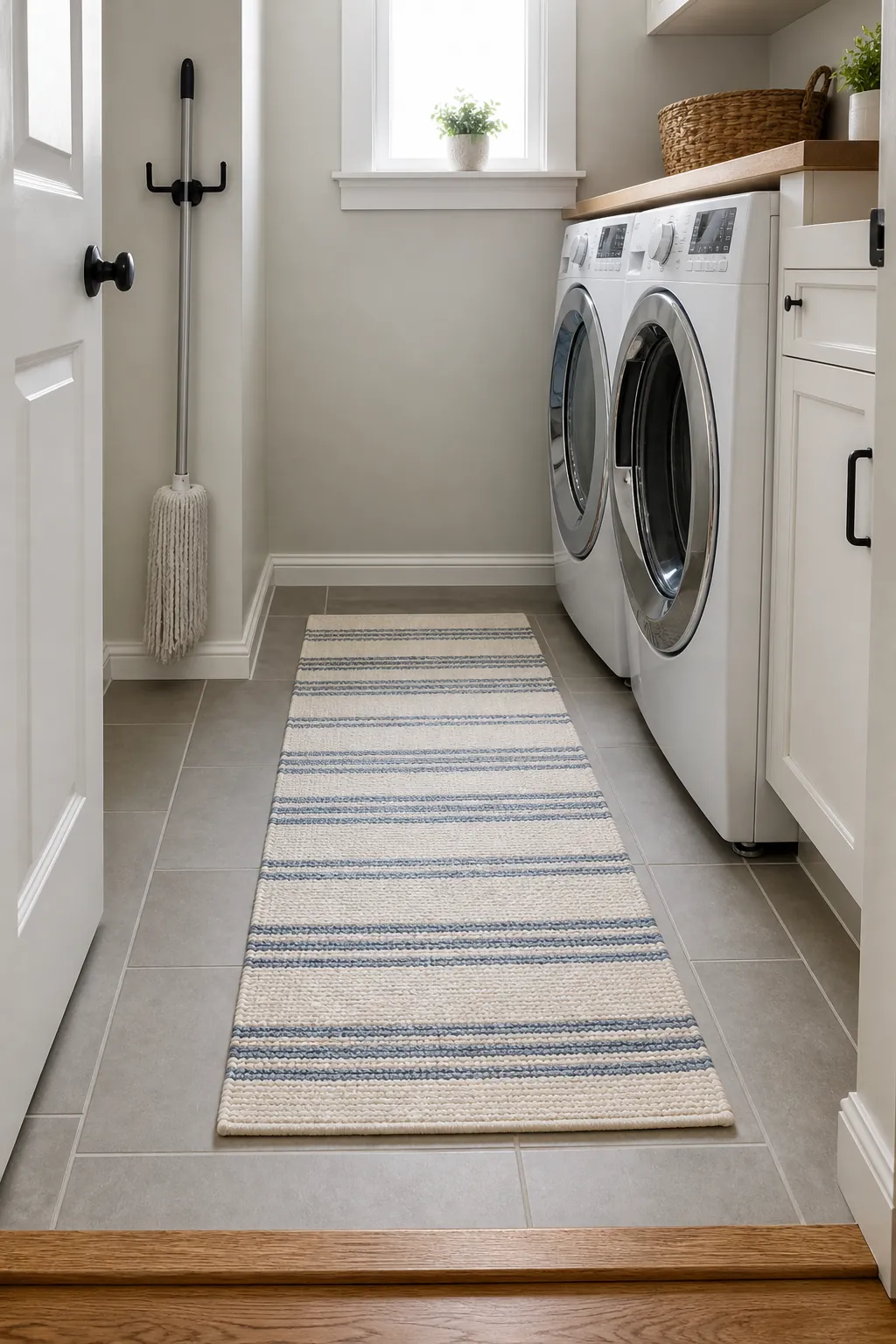 Small laundry room with durable tile floor and washable runner