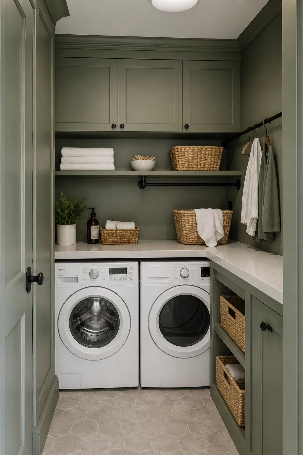 Tiny laundry room with restrained color drenched cabinets and walls