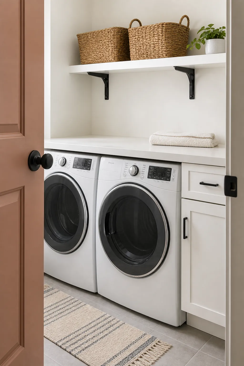 Small laundry room budget makeover with coordinated shelf hardware and baskets
