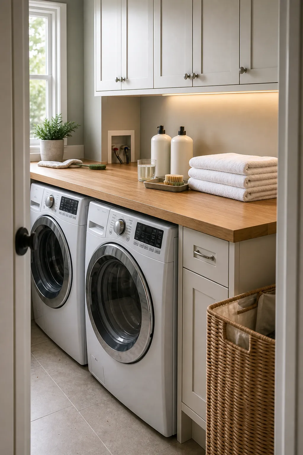 Laundry room with a continuous wood folding counter over front load machines