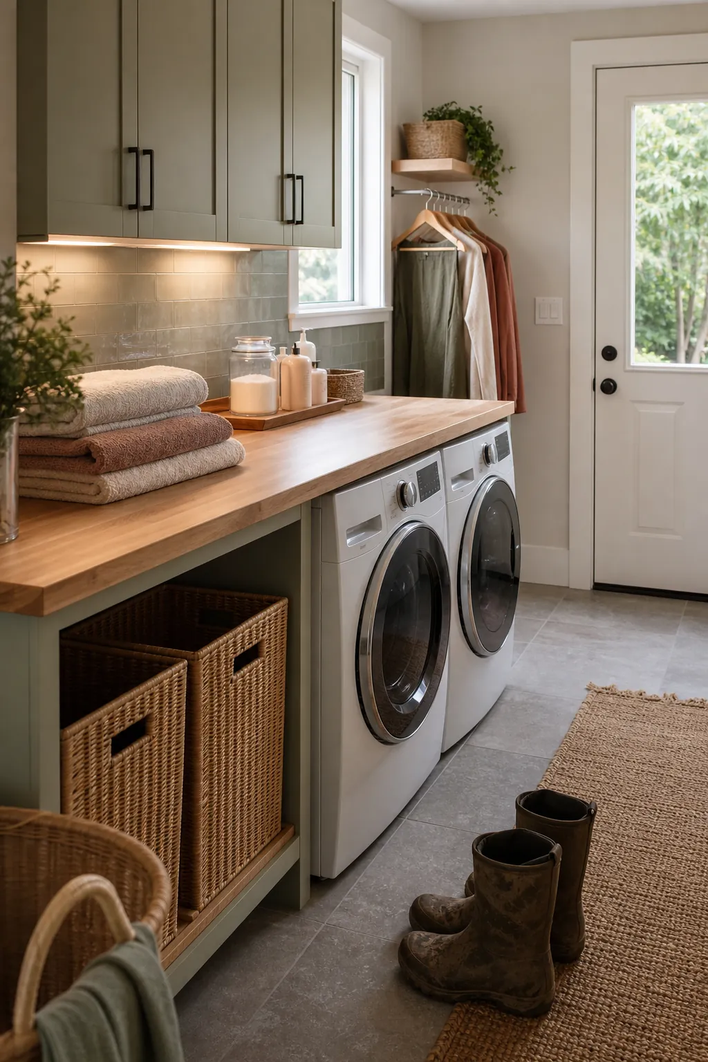 Stylish laundry room with folding counter storage baskets and hanging rail