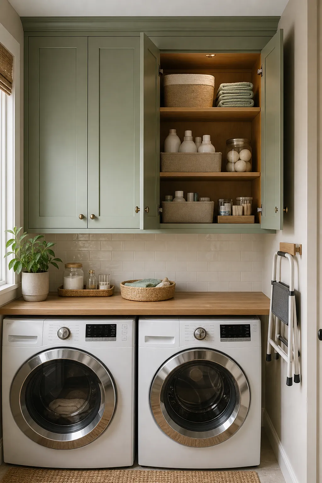 Laundry room with low upper cabinets for detergent and cleaning supplies