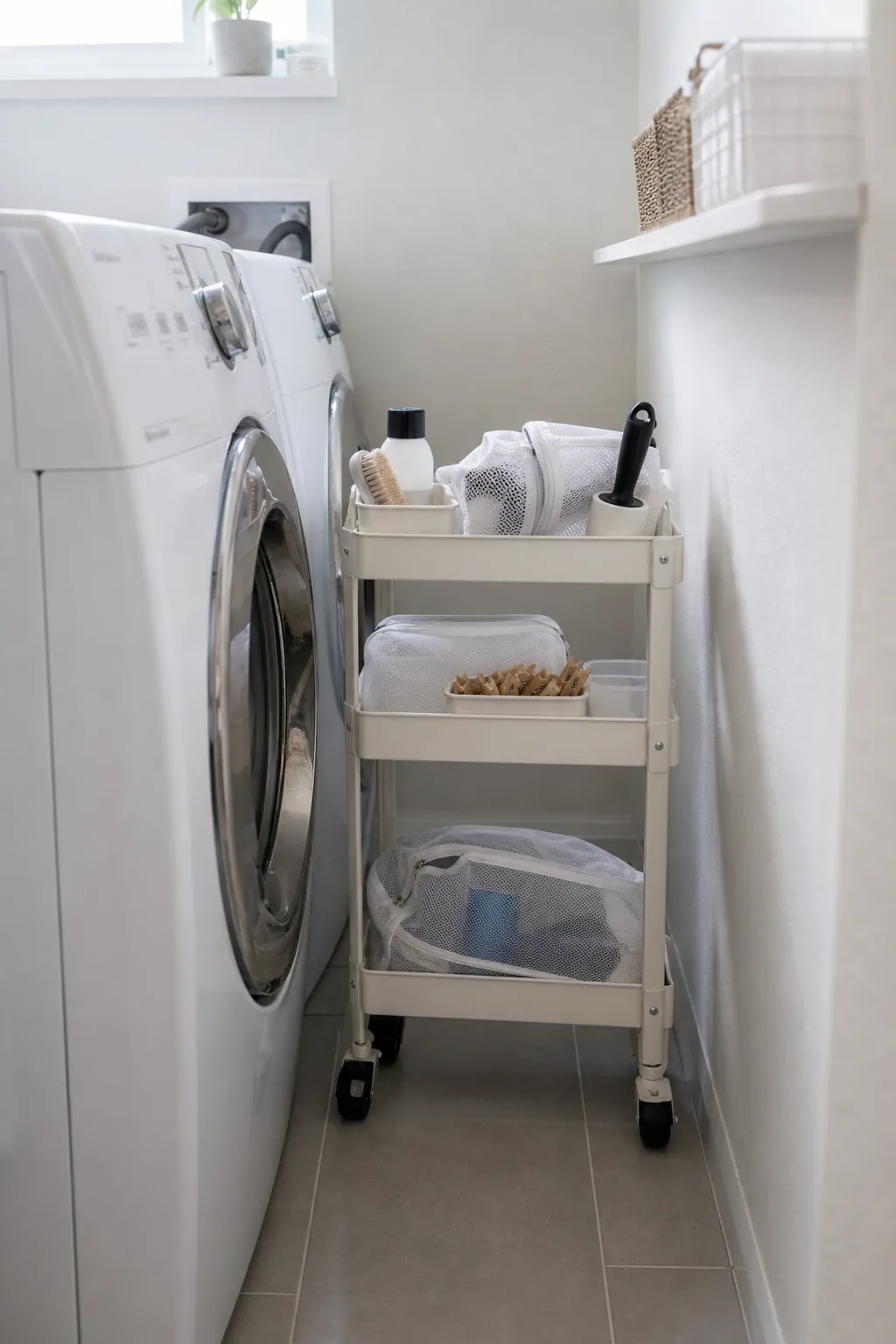 Narrow laundry room with a slim rolling cart beside the washer