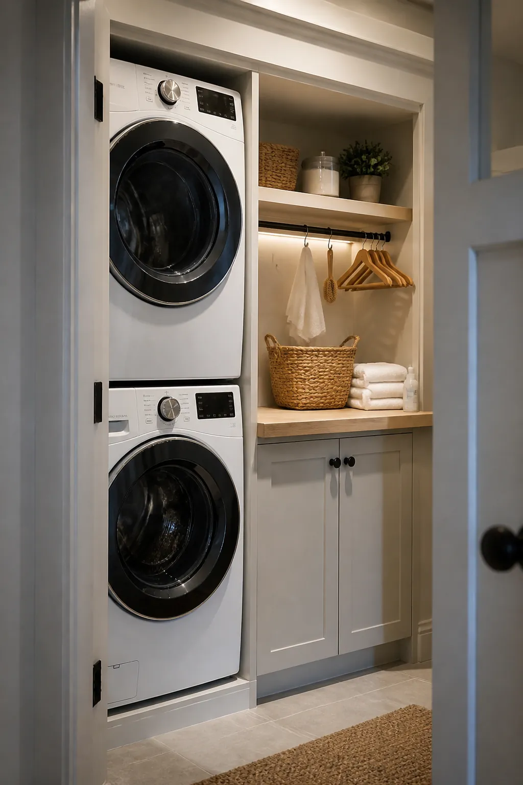 Stackable laundry machines with a small folding niche and shelves