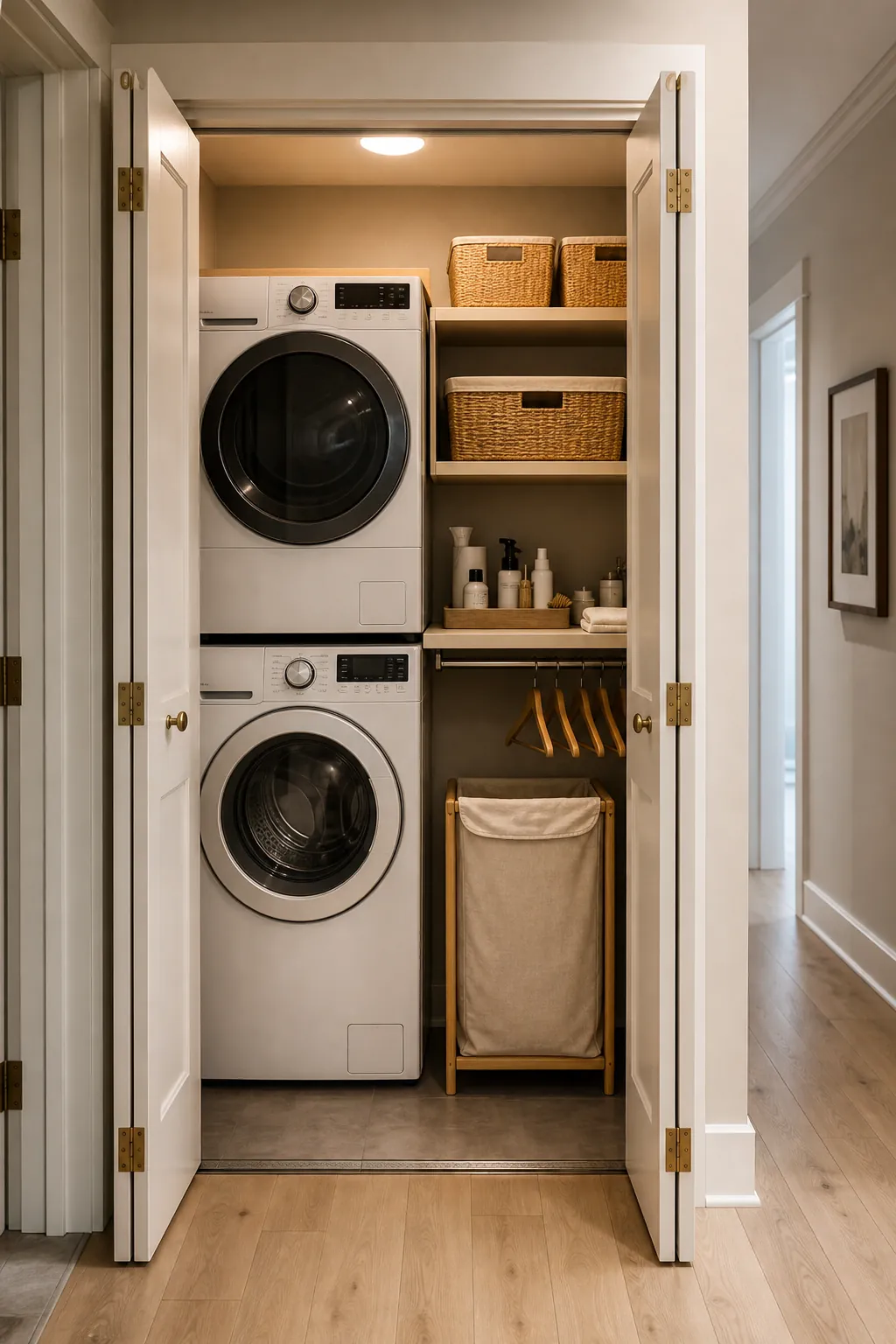 Closet laundry room with doors open and organized shelves