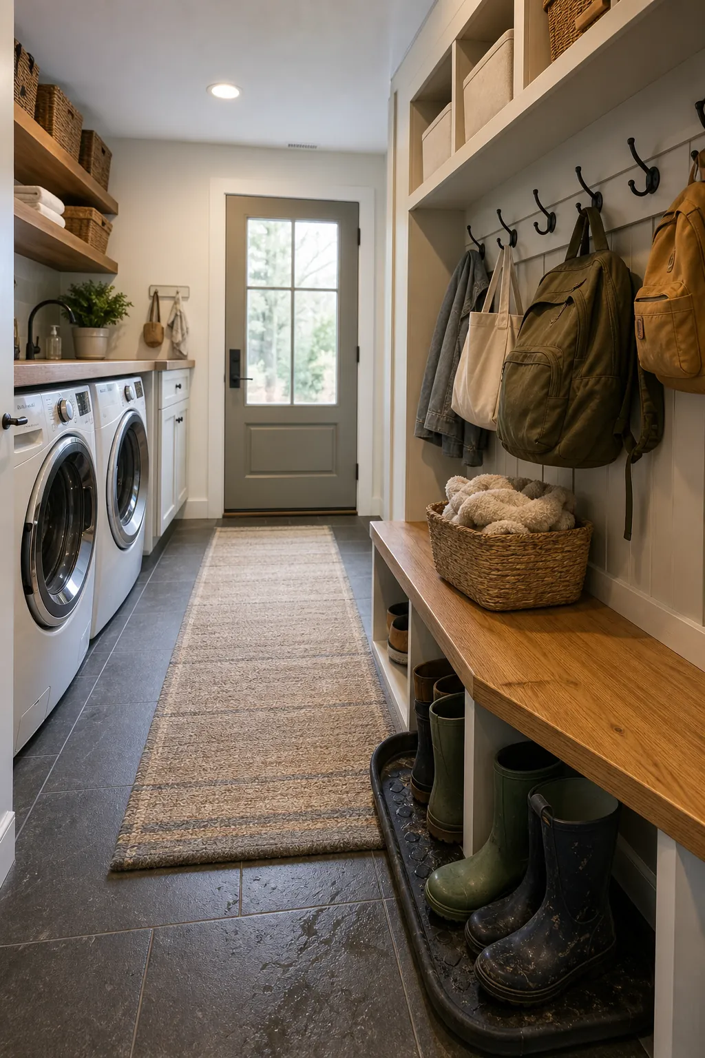 Mudroom laundry room with bench hooks and washer dryer storage