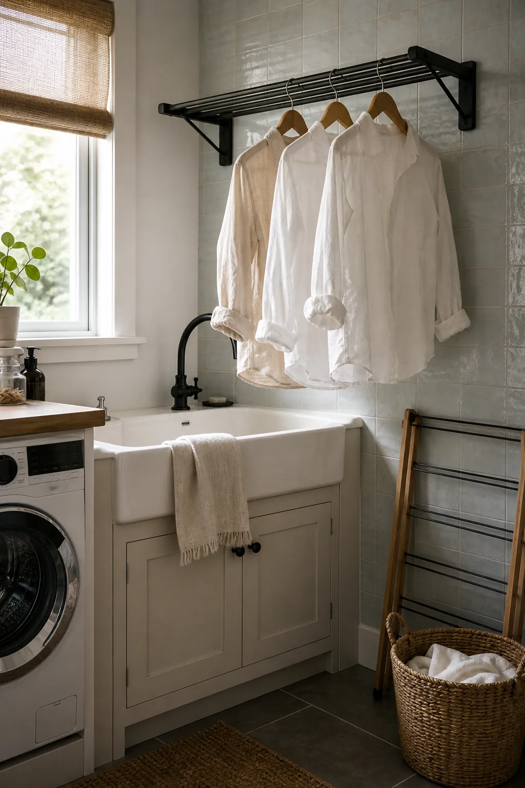 Laundry room wall mounted drying rail above a utility sink