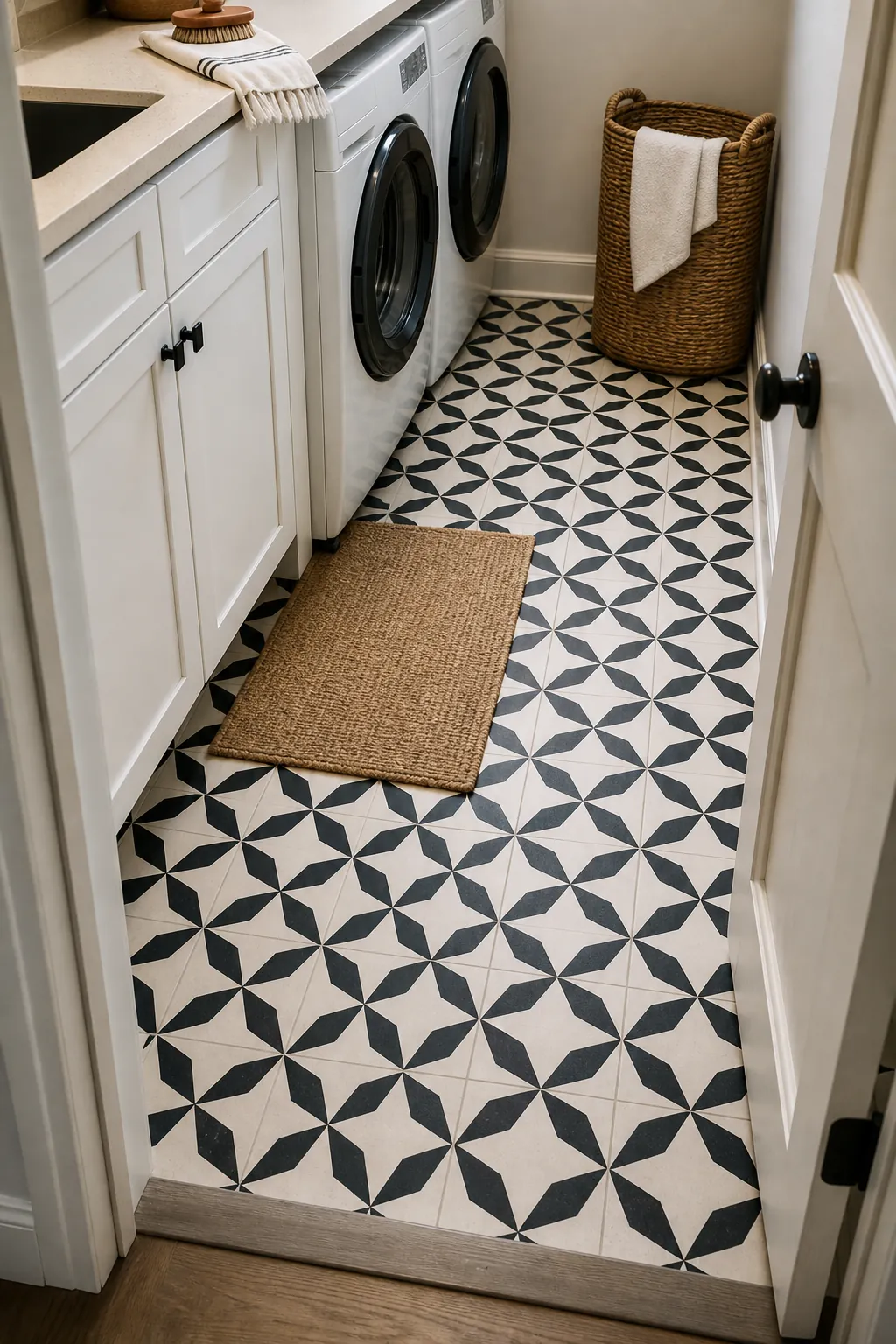 Laundry room with patterned tile floor and simple white cabinets
