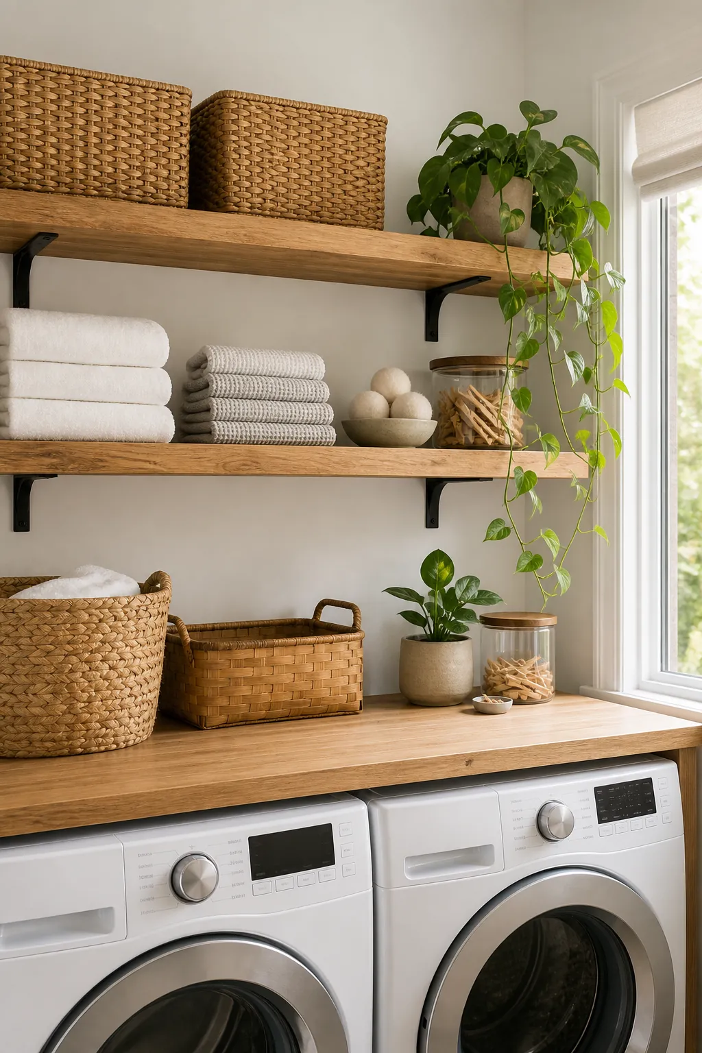 Laundry room with warm wood open shelves and baskets