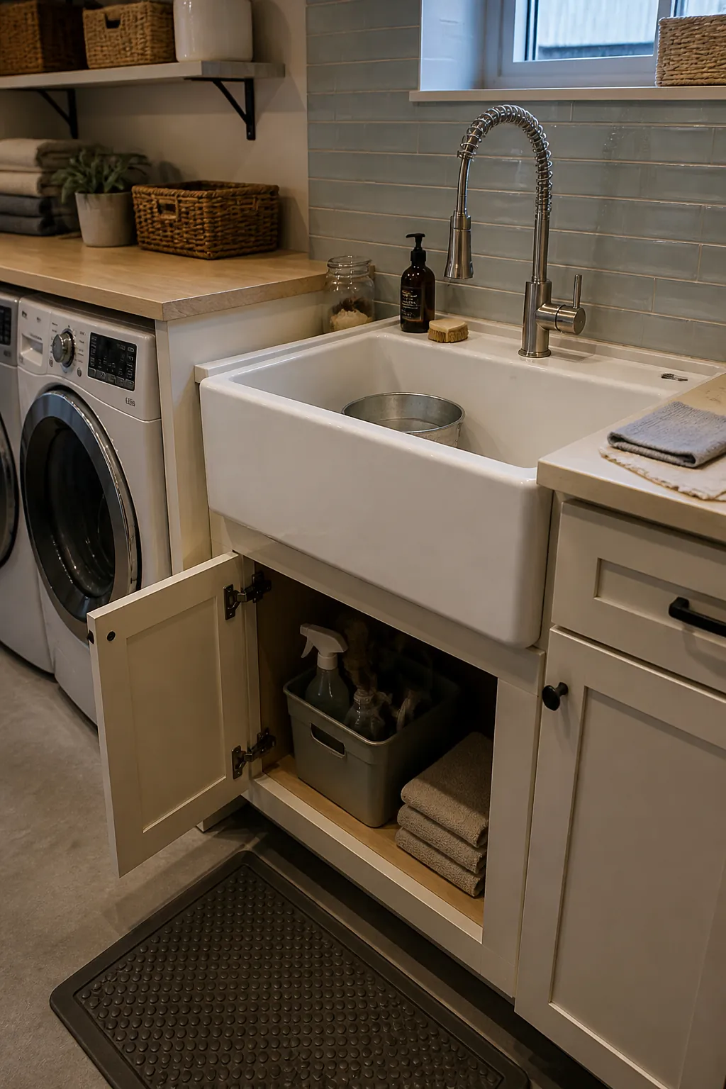 Deep utility sink with storage cabinet in a laundry room