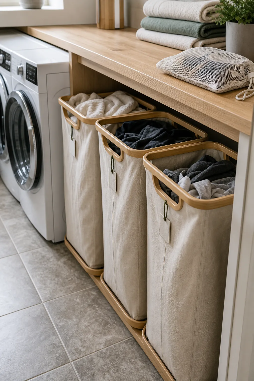 Laundry room with sorted hampers under a counter