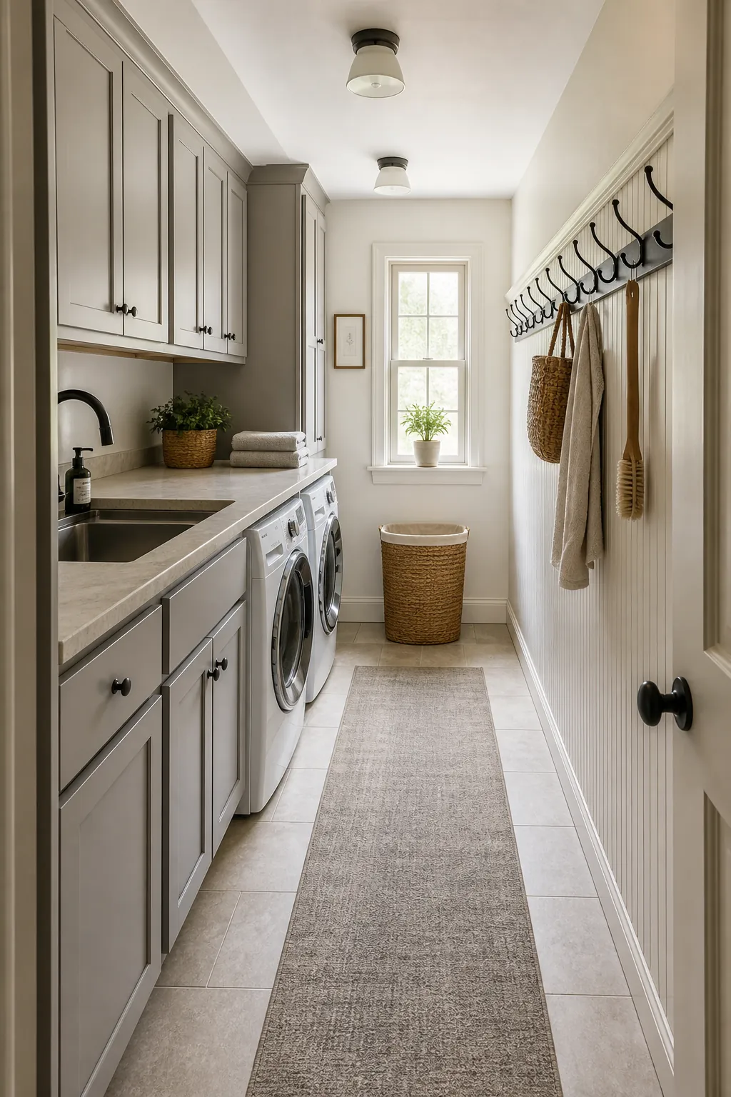 Narrow galley laundry room with cabinets and clear walkway