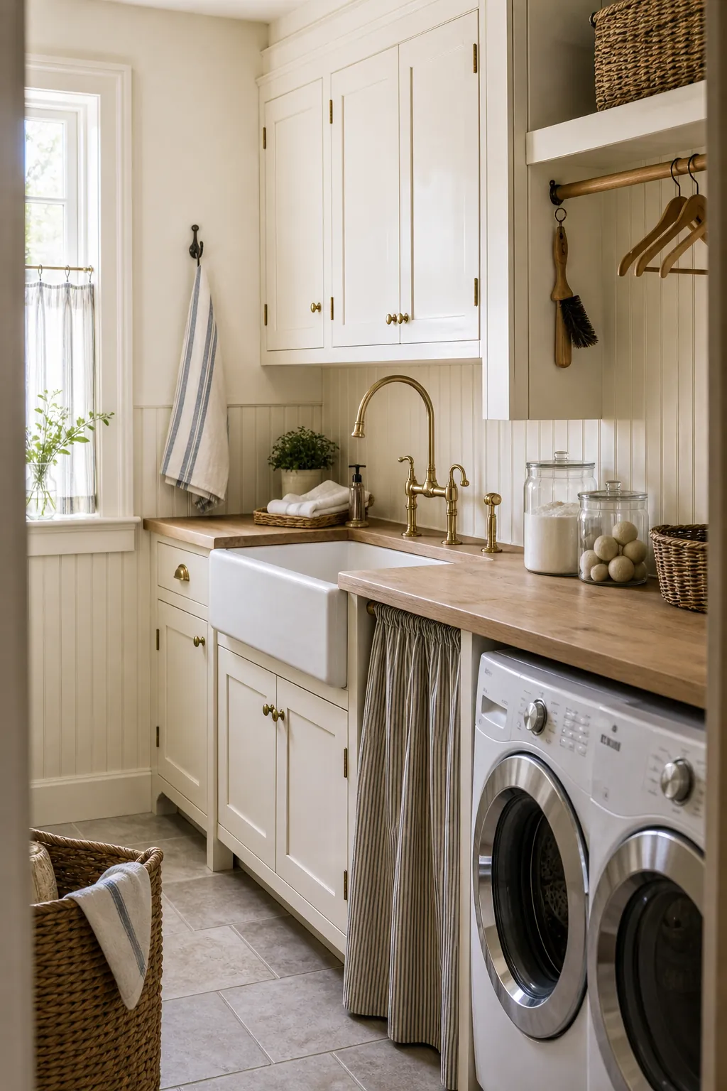 Farmhouse laundry room with shaker cabinets and apron sink