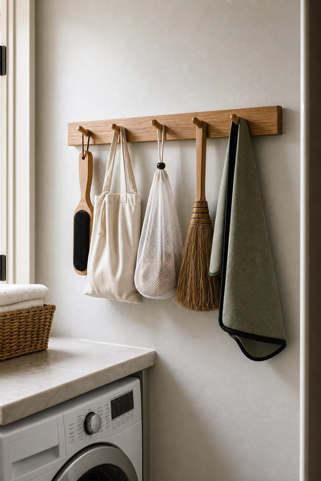 Laundry room peg rail with brushes bags and cleaning tools