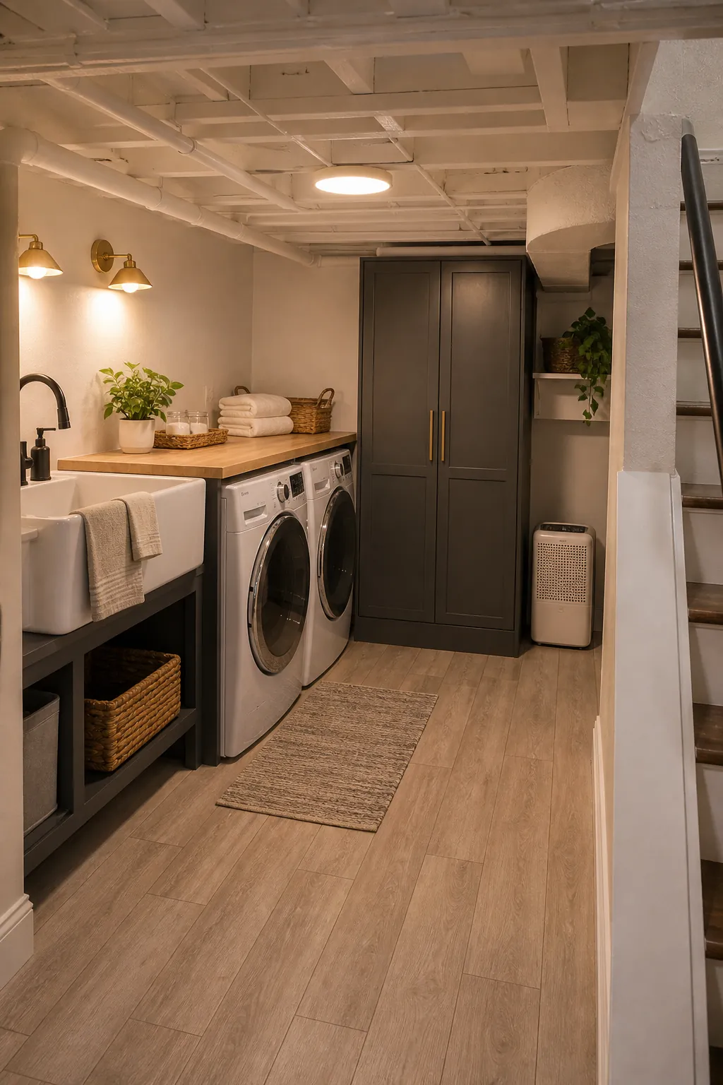 Finished basement laundry room with warm lighting and storage