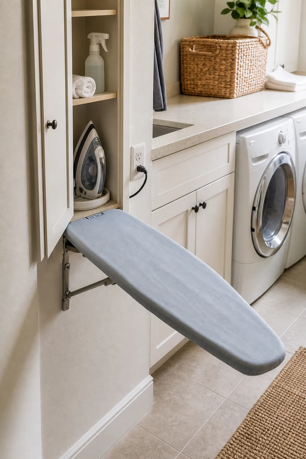 Compact wall mounted ironing station in laundry room