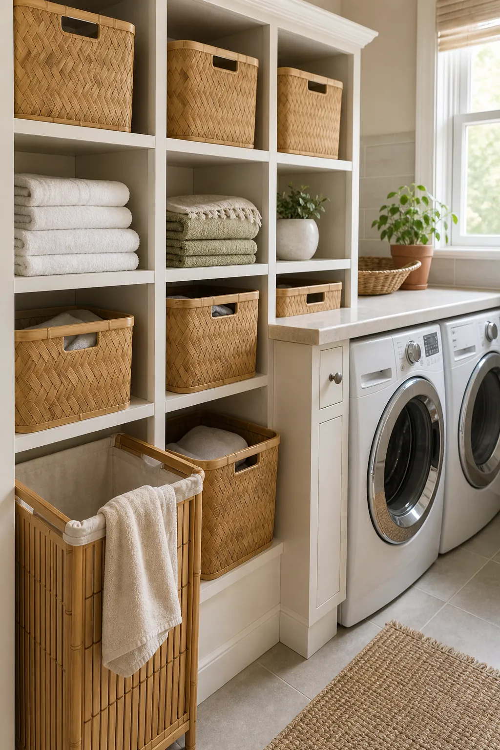 Laundry room storage with bamboo baskets and natural textures
