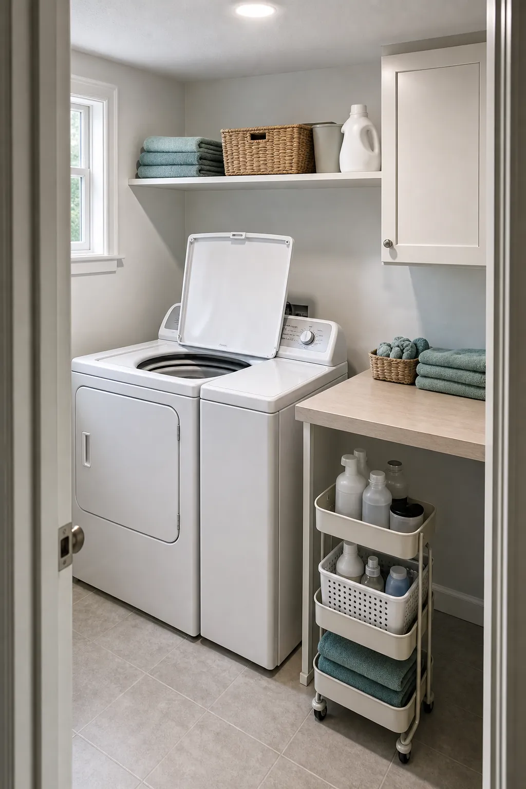 Top loader laundry room with shelf height that clears washer lid