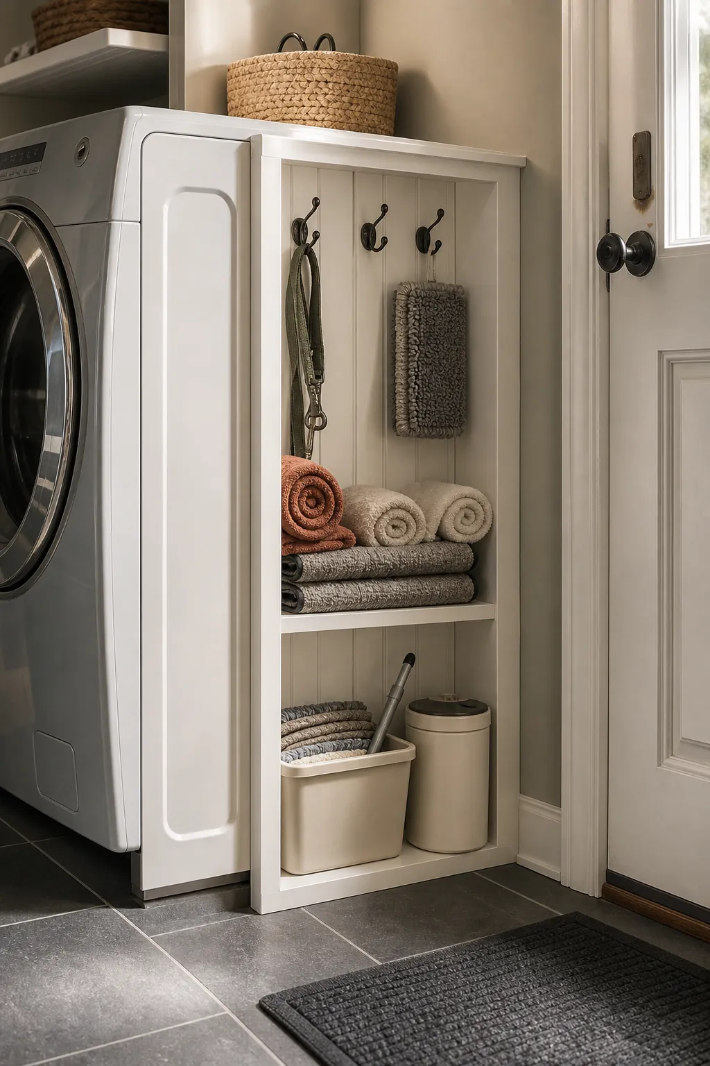 Laundry room pet towel and cleaning supply nook