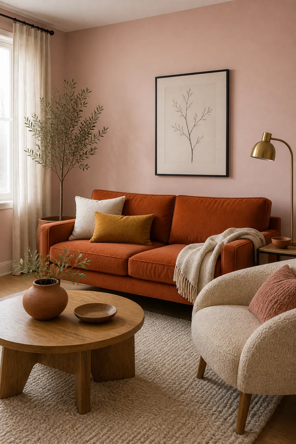 Blush wall living room with burnt orange sofa cream rug and warm wood