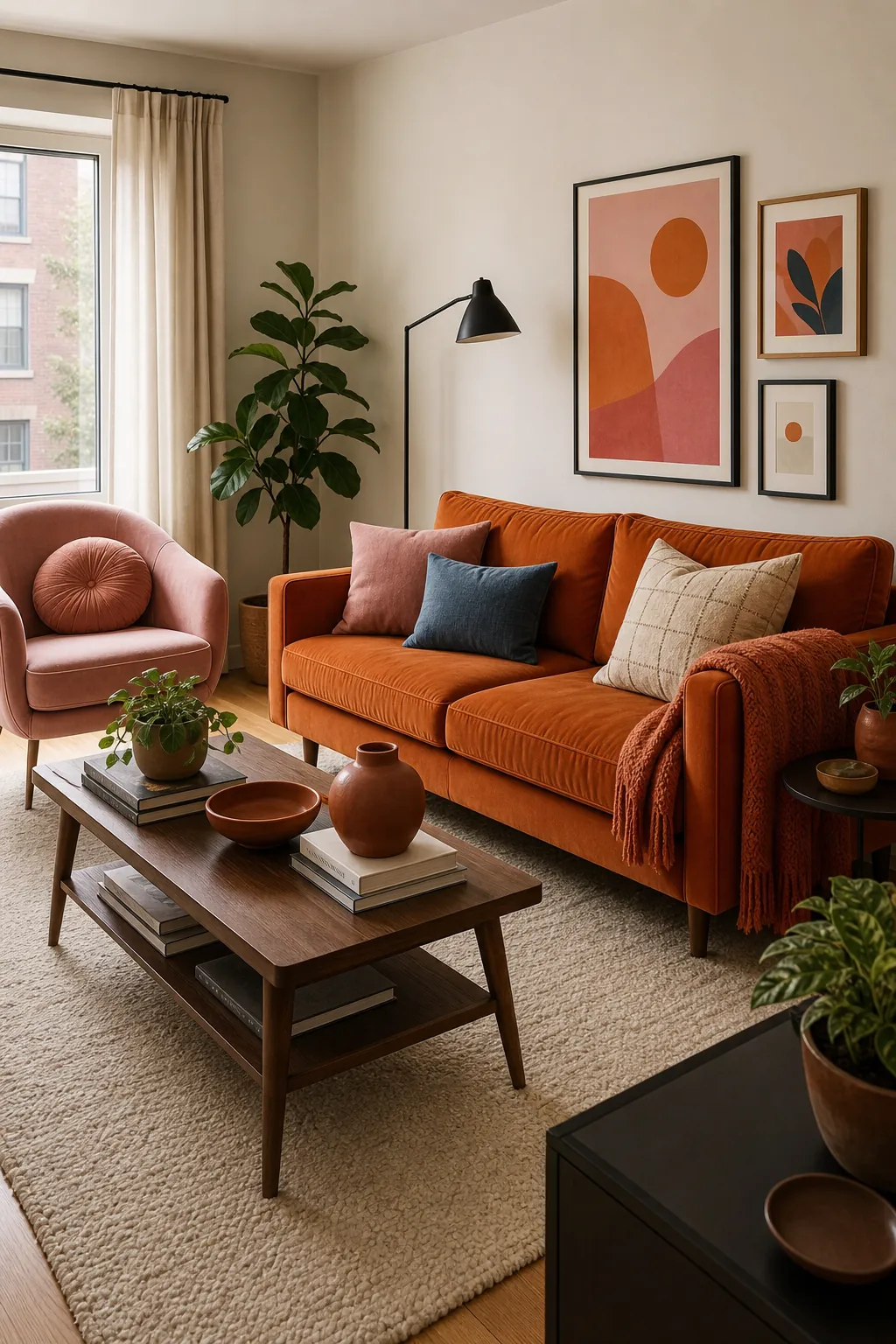 Orange and pink living room decor with a balanced sofa rug wall art and warm accents