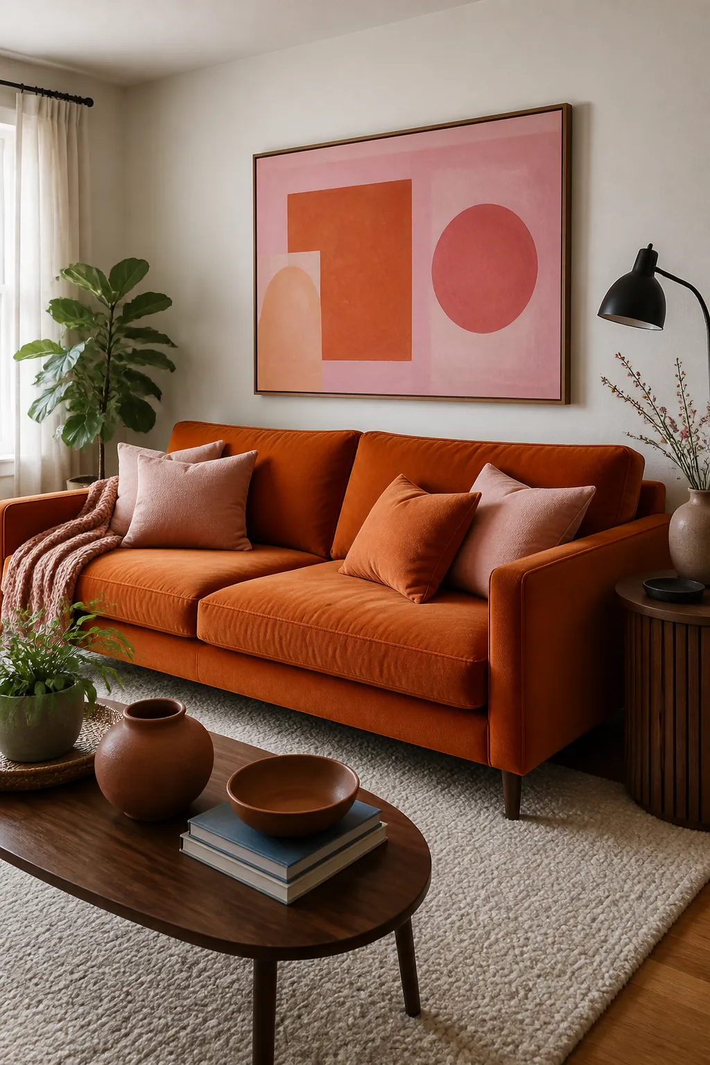 Orange sofa living room with pink and orange wall art and balanced accents