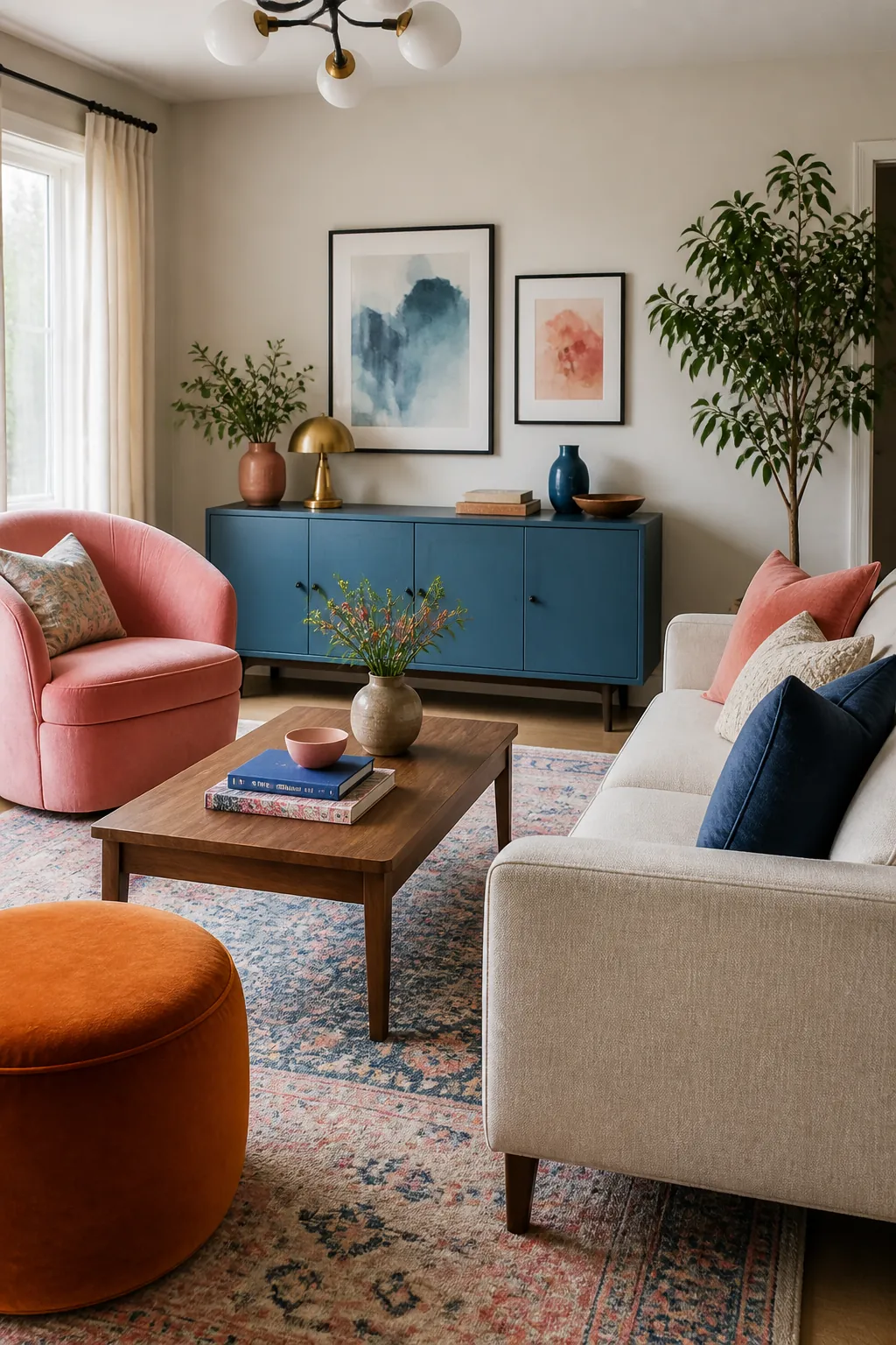 Pink orange and blue living room palette with cool contrast and warm accents