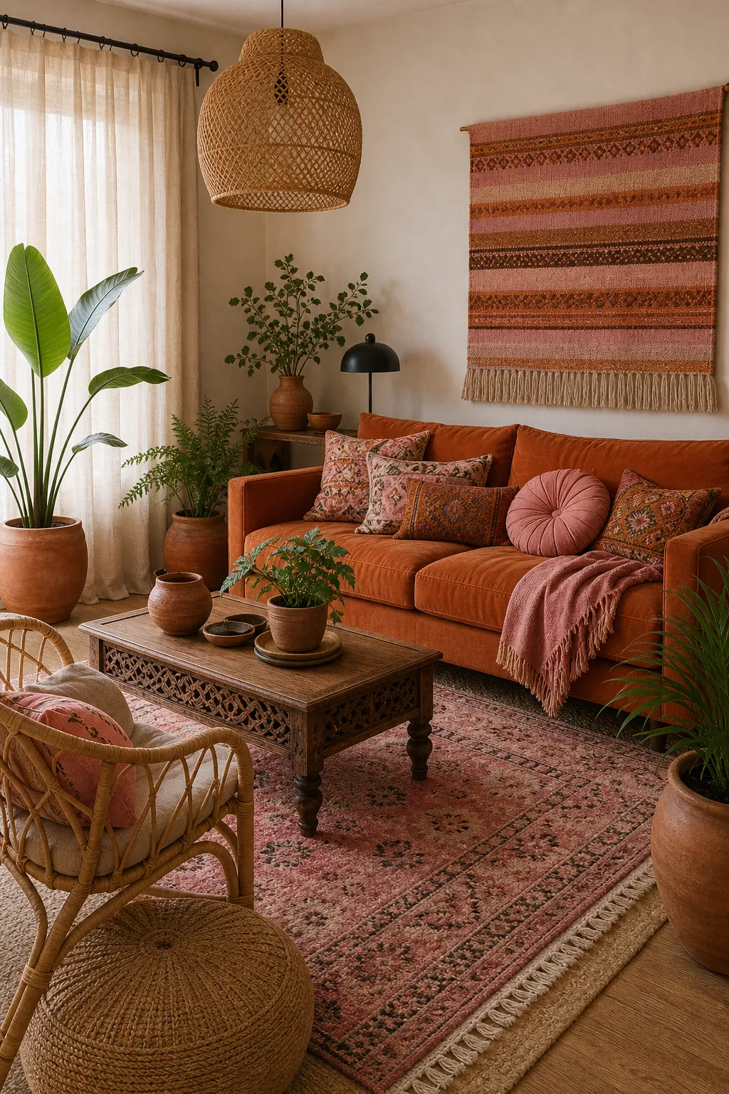 Orange boho living room with pink accents woven textures plants and terracotta decor