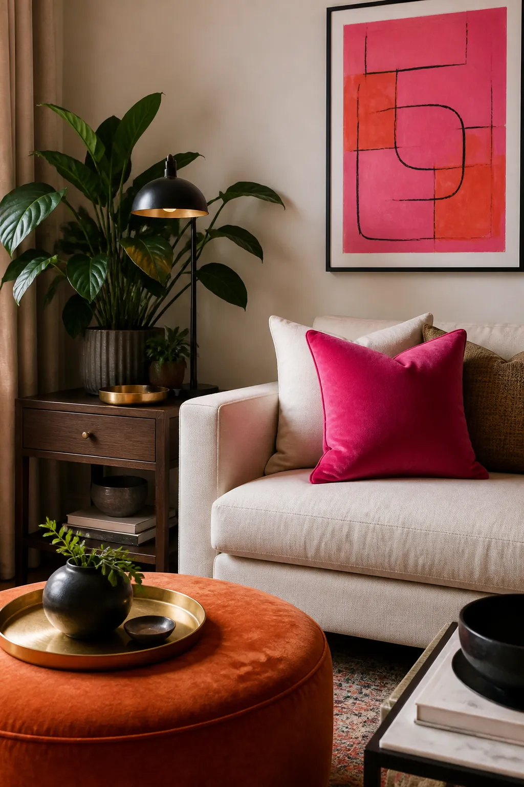 Hot pink and orange living room accent corner with mature grounding colours
