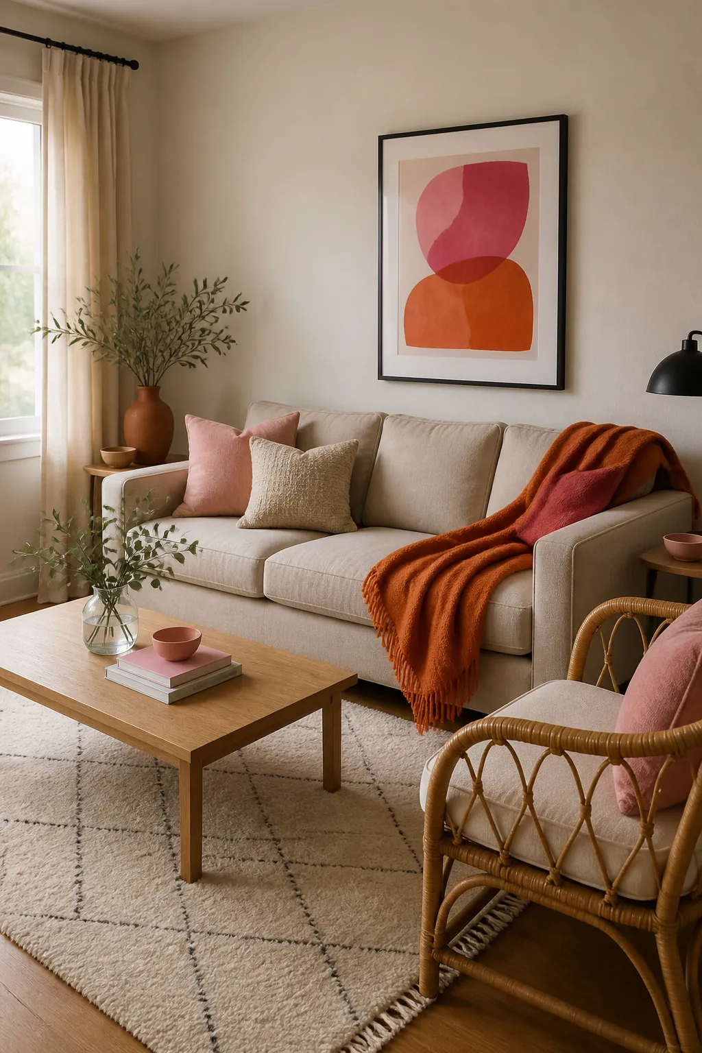 Beige and orange living room with pink accents cream textiles and natural wood