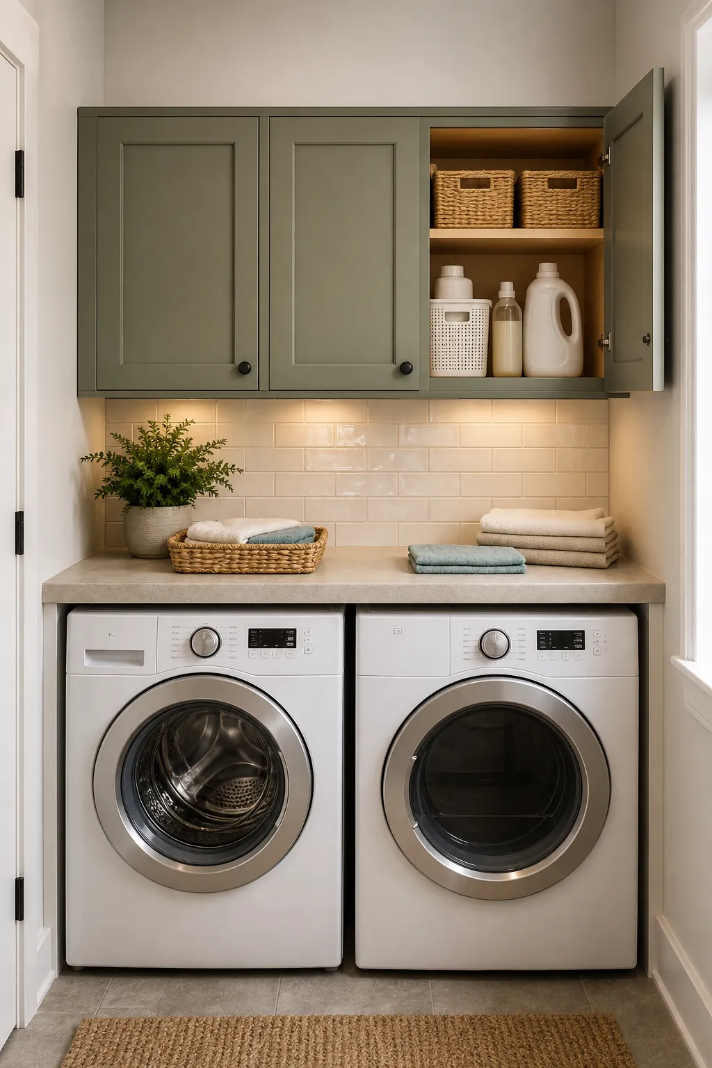 Low upper cabinets that put detergent within reach in a tiny room.