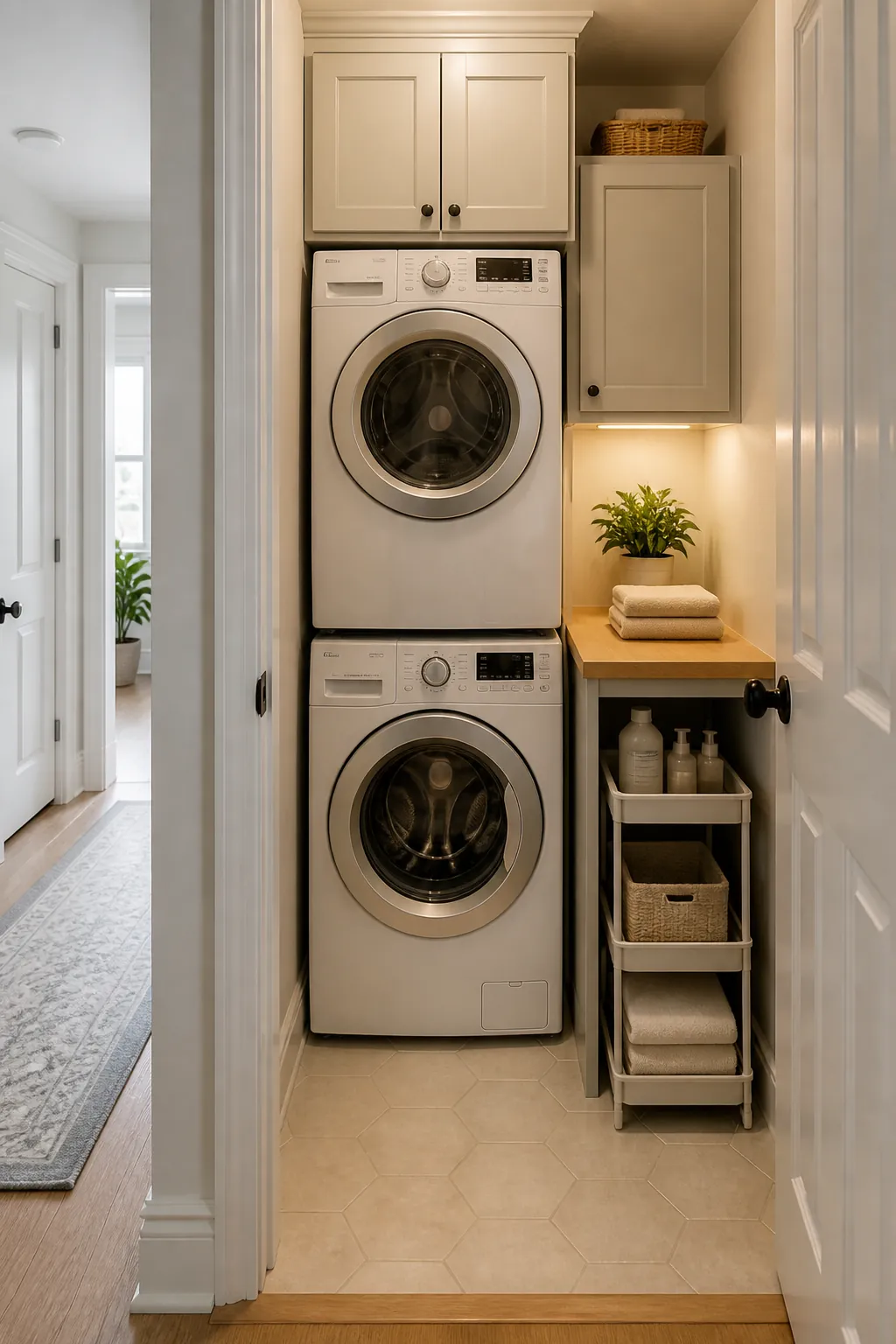 Tiny laundry room with stacked machines shallow counter and compact storage