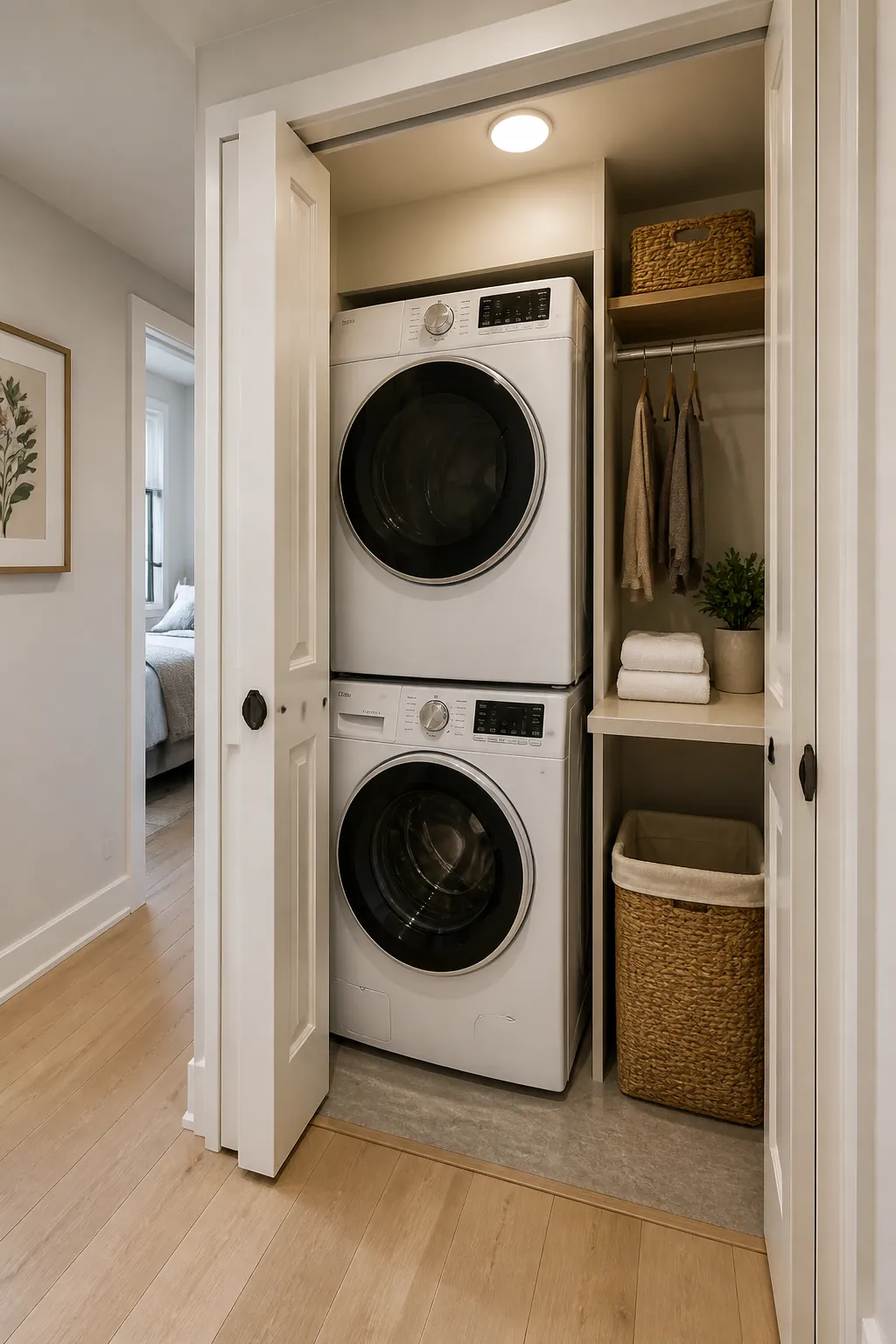 Tiny laundry closet with stacked compact machines, shallow shelf, hanging rod, and slim folding counter.