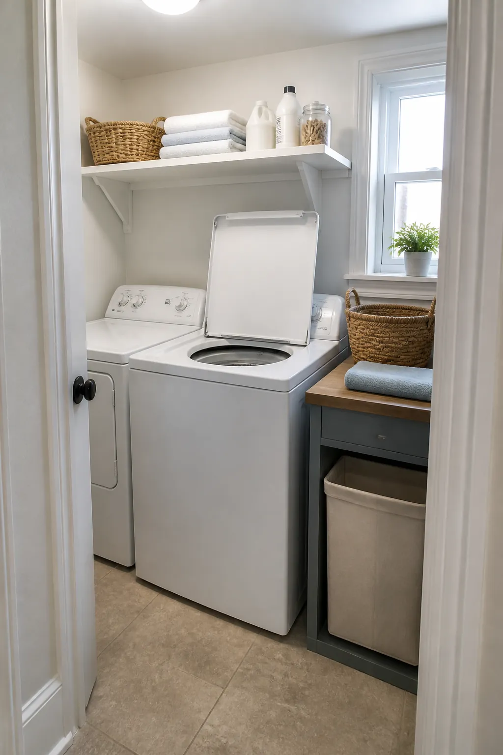 Top-loader small laundry room with a side counter instead of a counter over the washer.