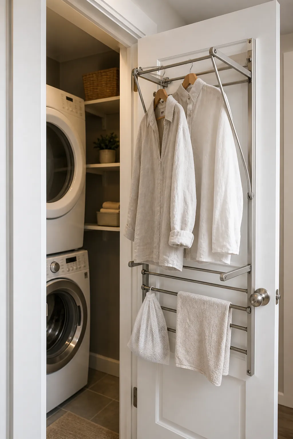 Back-of-door drying rack for hang-dry clothes in a tiny laundry room.