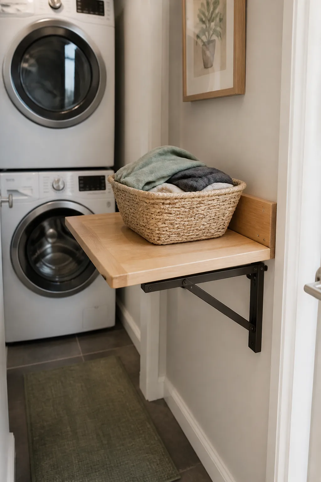 Fold-down counter leaf for a basket landing spot.